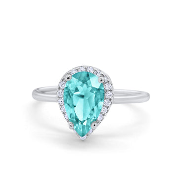 Halo Teardrop Wedding Ring Simulated Paraiba Tourmaline CZ 925 Sterling Silver